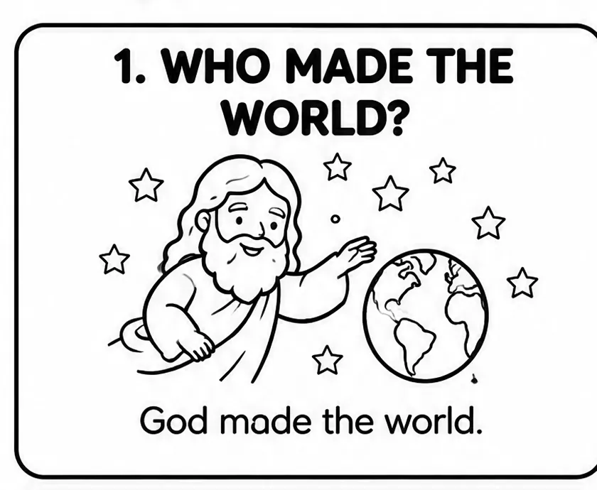 Line drawing for question 1, Who made the world?: God, bearded and smiling, reaches toward a small globe among the stars.
