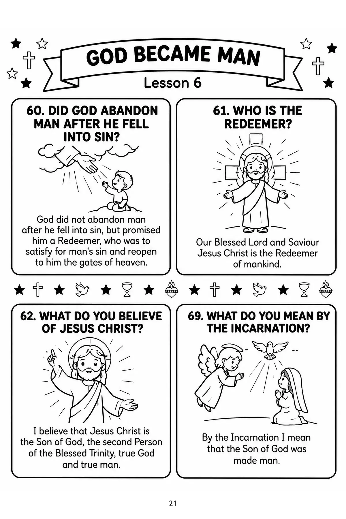 Lesson 6, God became man. Panels on the Redeemer and the Incarnation, including the angel Gabriel appearing to Mary.
