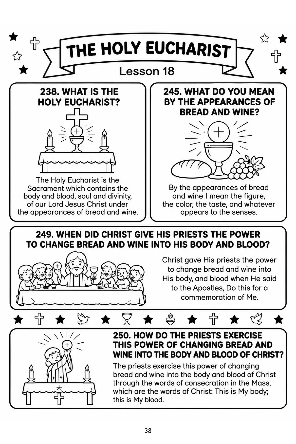 Lesson 18, The Holy Eucharist. An altar with a chalice and host, bread and grapes, and the Last Supper.