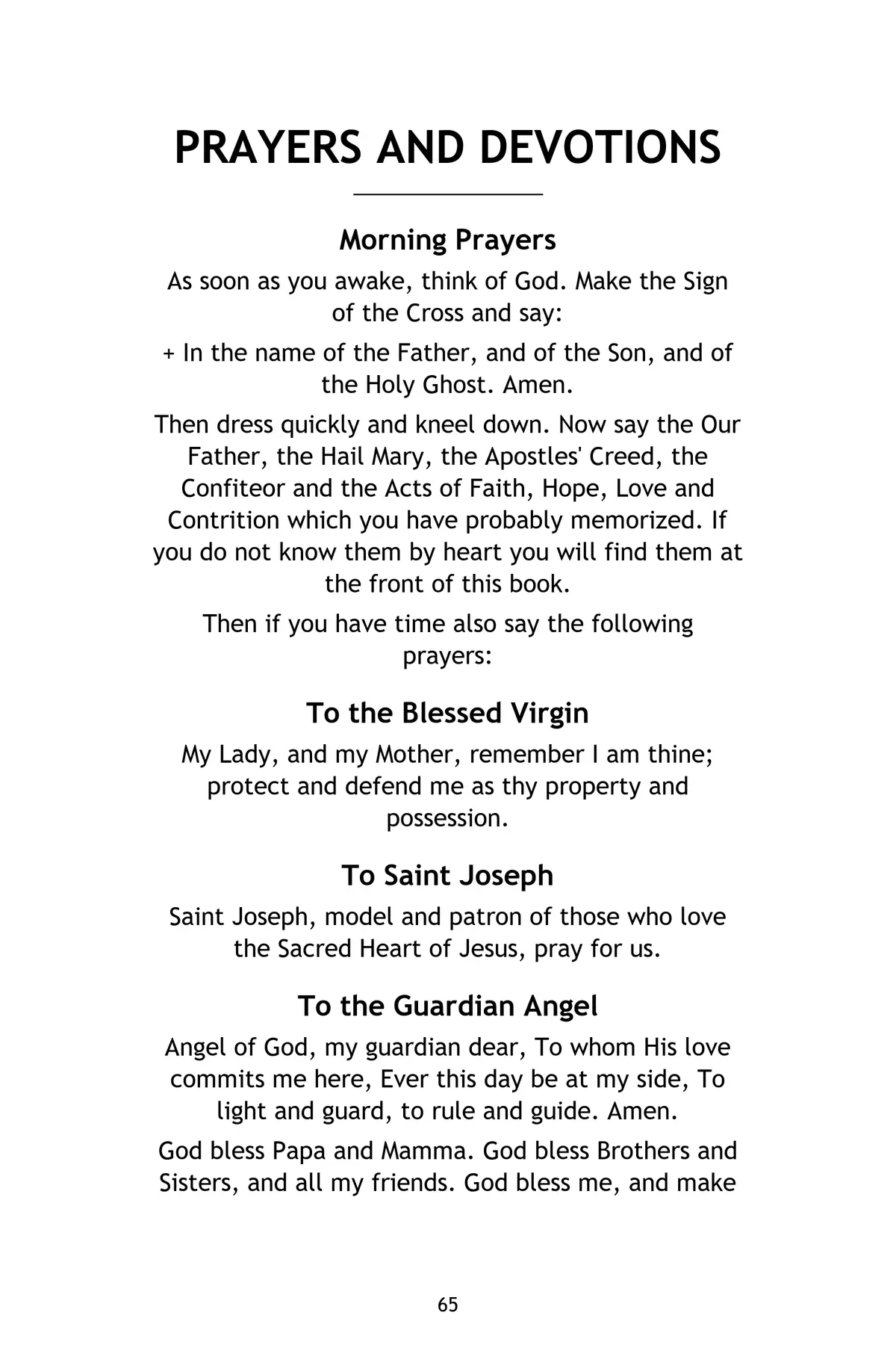Prayers and Devotions page, beginning with morning prayers and prayers to the Blessed Virgin, Saint Joseph and the Guardian Angel.